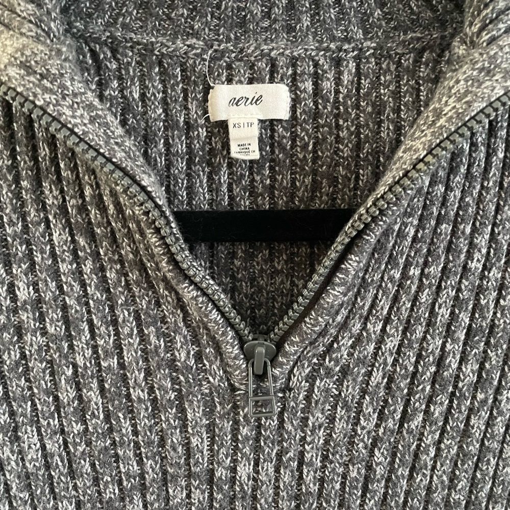 Aerie Grey Ribbed Women's Cropped Half Zip Longsleeve Sweater Cover Casual Comfy - Picture 3 of 7